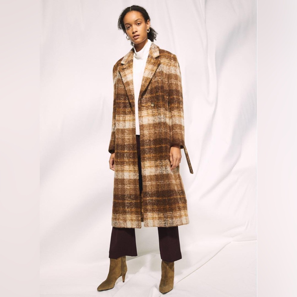 Wilfred Carlyle Brown Plaid Print Faux Fur Coat Size:Small